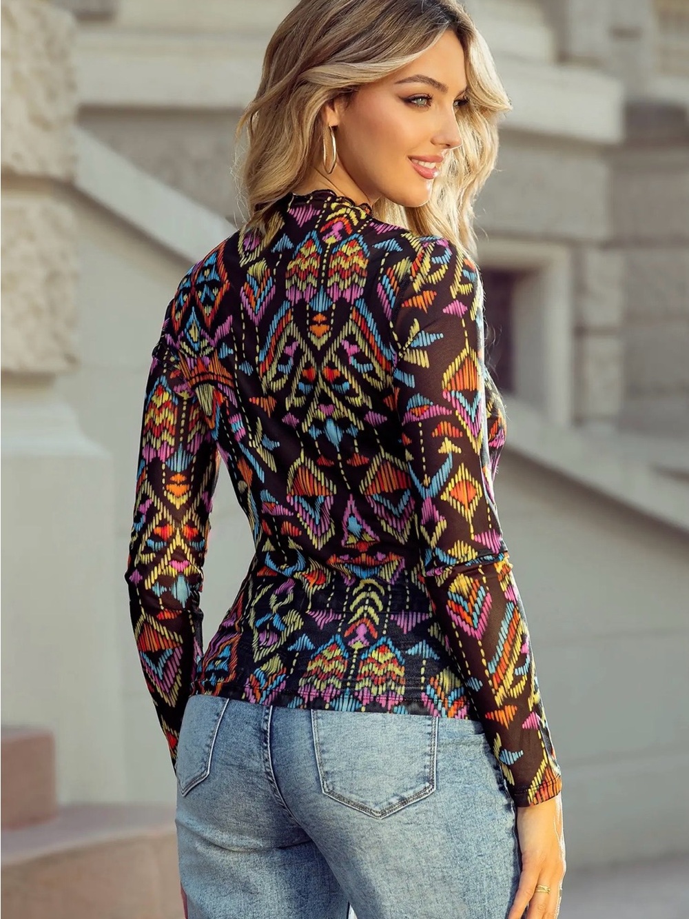 Long-Sleeve Multi-Color Geometric Print meshTop - Picture 2 of 5